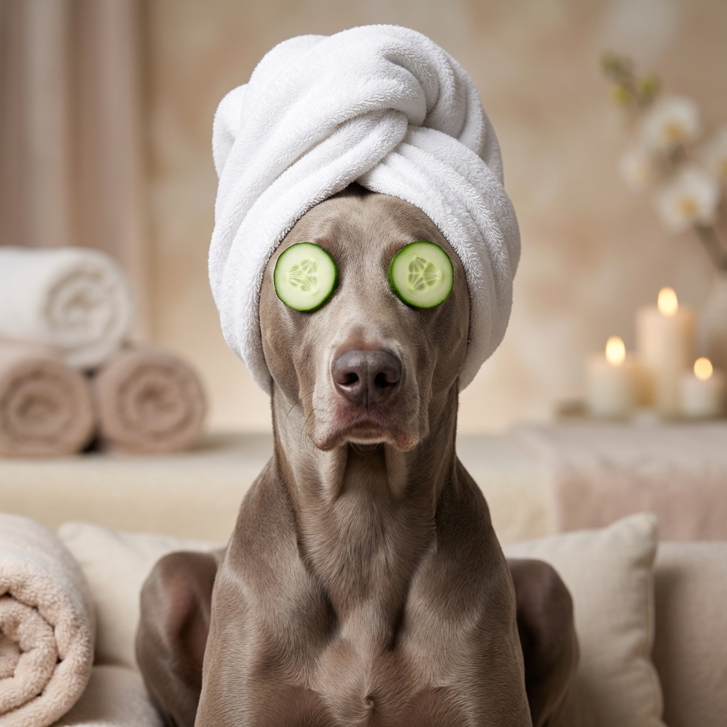 Weimaraner spa portrait with cucumber eyes and towel turban