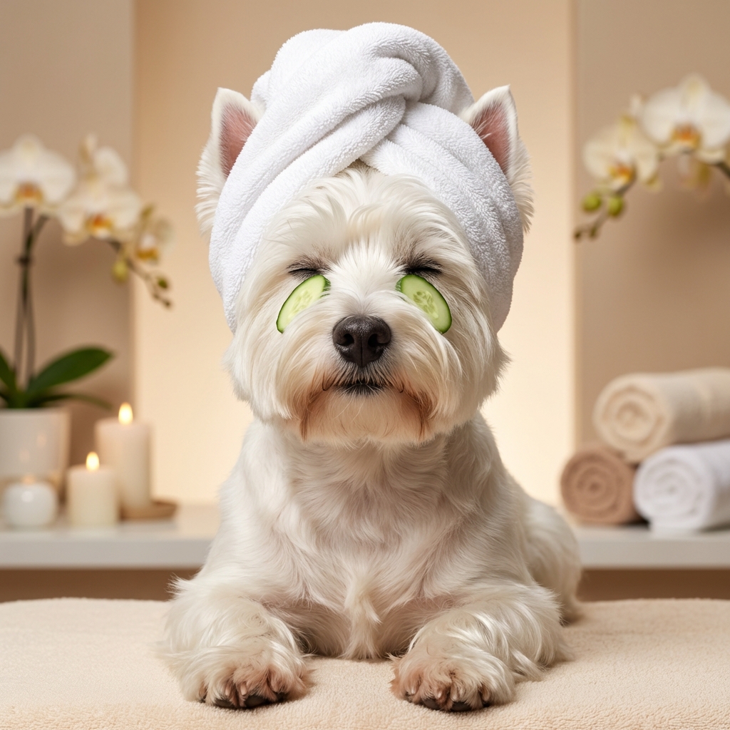 West Highland White Terrier spa portrait with cucumber eyes and towel turban