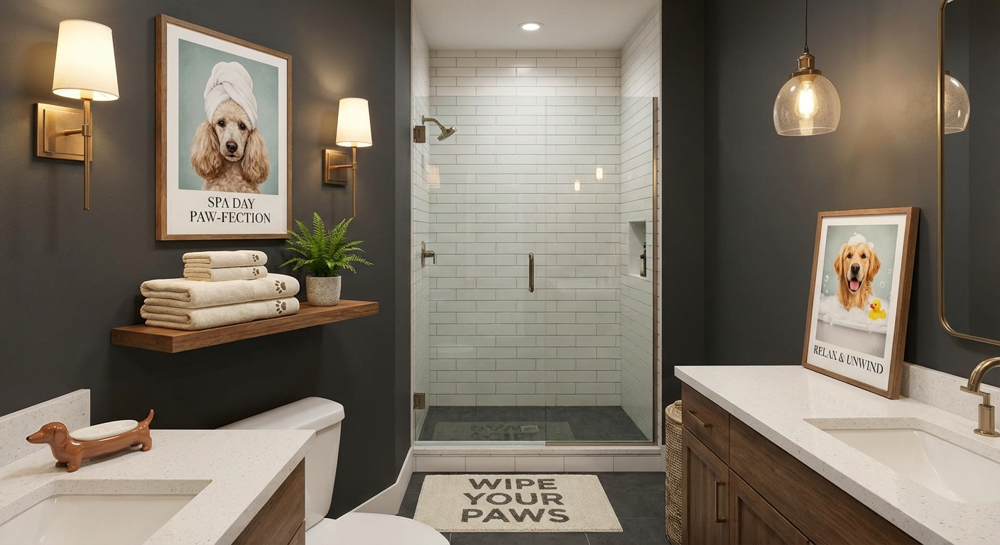 Dog lover bathroom decor with stylish dog spa portrait art and tasteful dog themed accessories