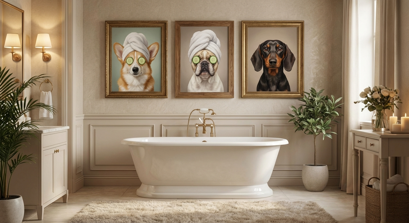 Personalized dog prints wall art gallery showing custom spa portraits of different dog breeds