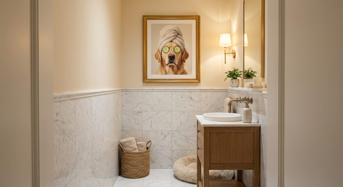 Pet themed powder room decor with framed dog spa portrait art on the wall