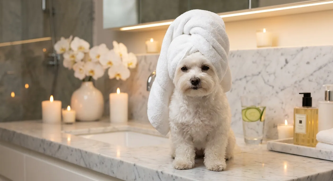 Dog in spa with cucumber eyes