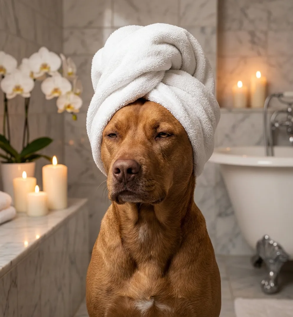 Dog in spa with towel turban