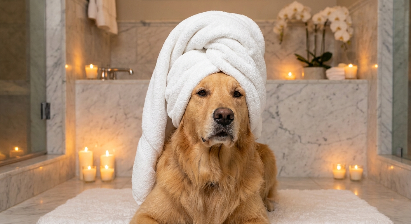 Pampered pup spa portrait in luxurious robe
